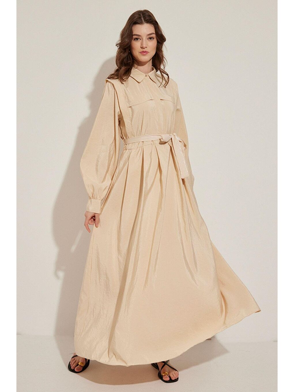 Ekru Pile Detaylı Elbise - Krem-1