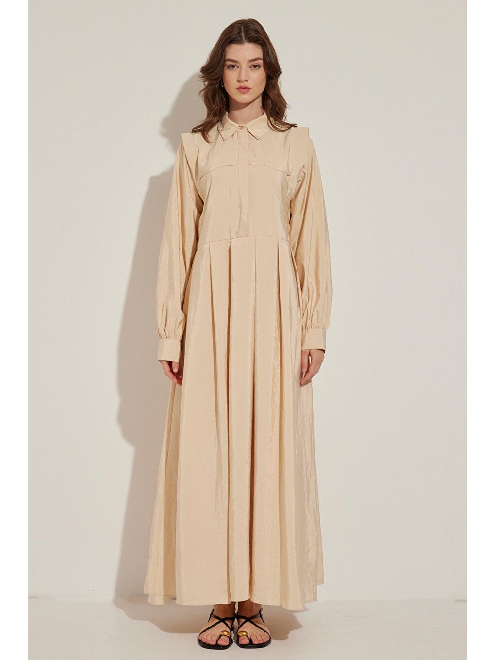 Ekru Pile Detaylı Elbise - Krem-2