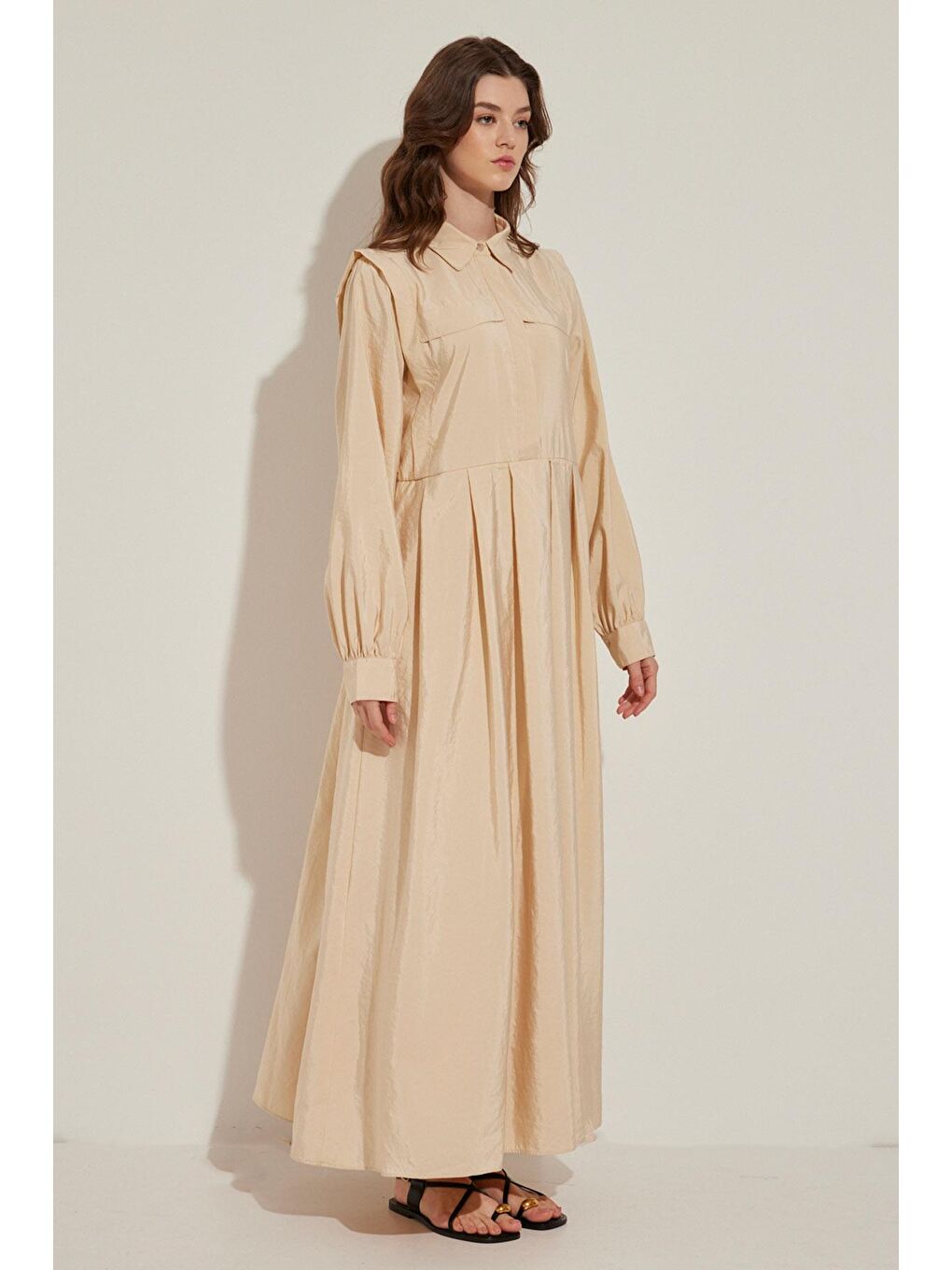 Ekru Pile Detaylı Elbise - Krem-3