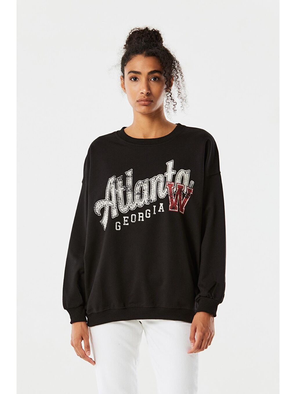 Siyah Atlanta Baskılı Bisiklet Yaka Sweatshirt-4