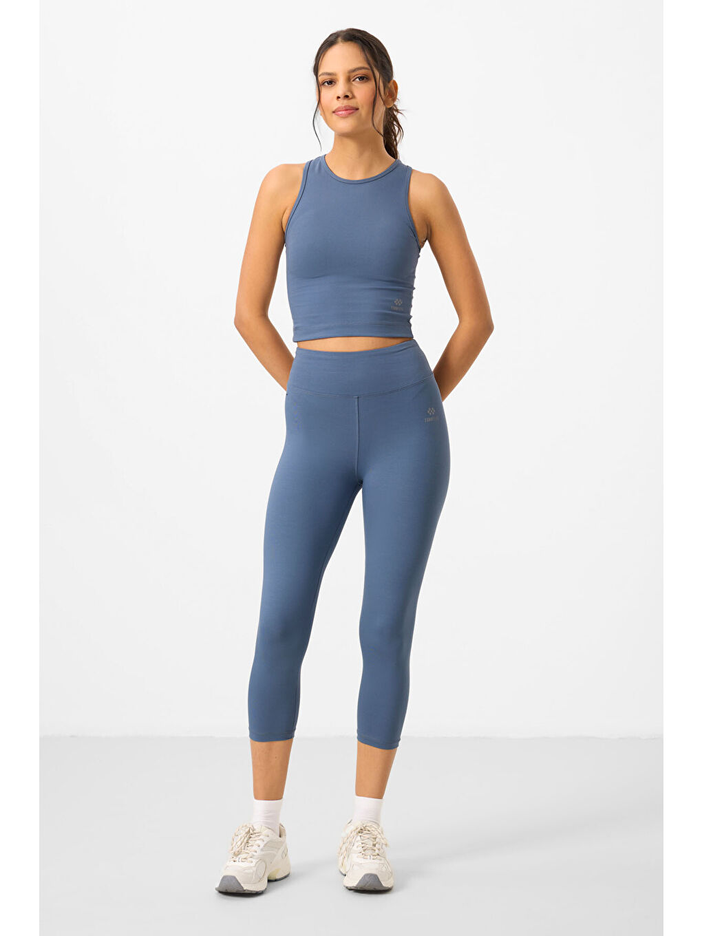 Petrol Yüksek Bel Kapri-Crop Atlet Slim Fit Kadın Tayt Takım - 95284