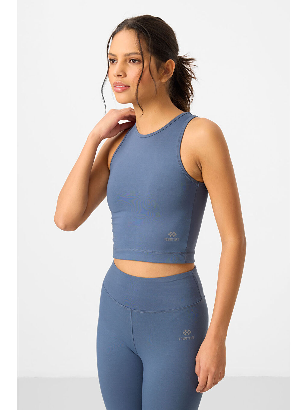 Petrol Yüksek Bel Kapri-Crop Atlet Slim Fit Kadın Tayt Takım - 95284-2