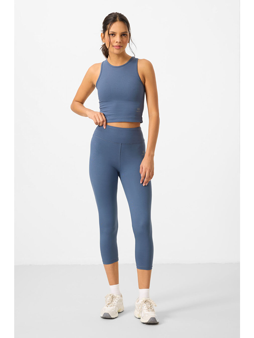 Petrol Yüksek Bel Kapri-Crop Atlet Slim Fit Kadın Tayt Takım - 95284-4