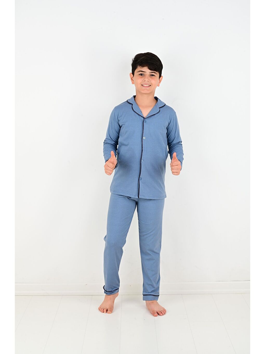 İndigo Erkek Çocuk Uzun Kollu %100 Pamuklu Düğmeli Pijama Takımı Mini Kare
