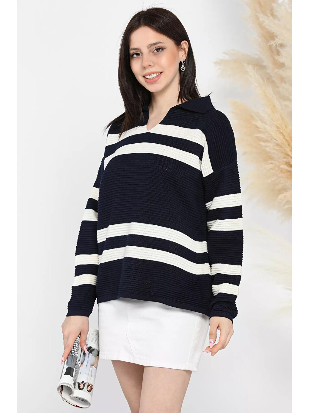 Lacivert Polo Yaka Çizgili Kadın Triko Kazak-1
