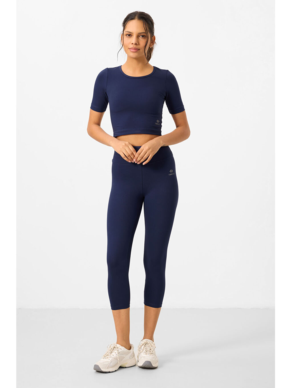 İndigo Yüksek Bel Kapri-Crop Tişört Slim Fit Kadın Tayt Takım - 95285-2
