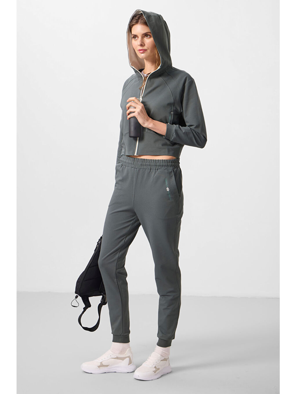 Haki Kapüşonlu Fermuarlı Oversize Kadın Eşofman Takım   95328