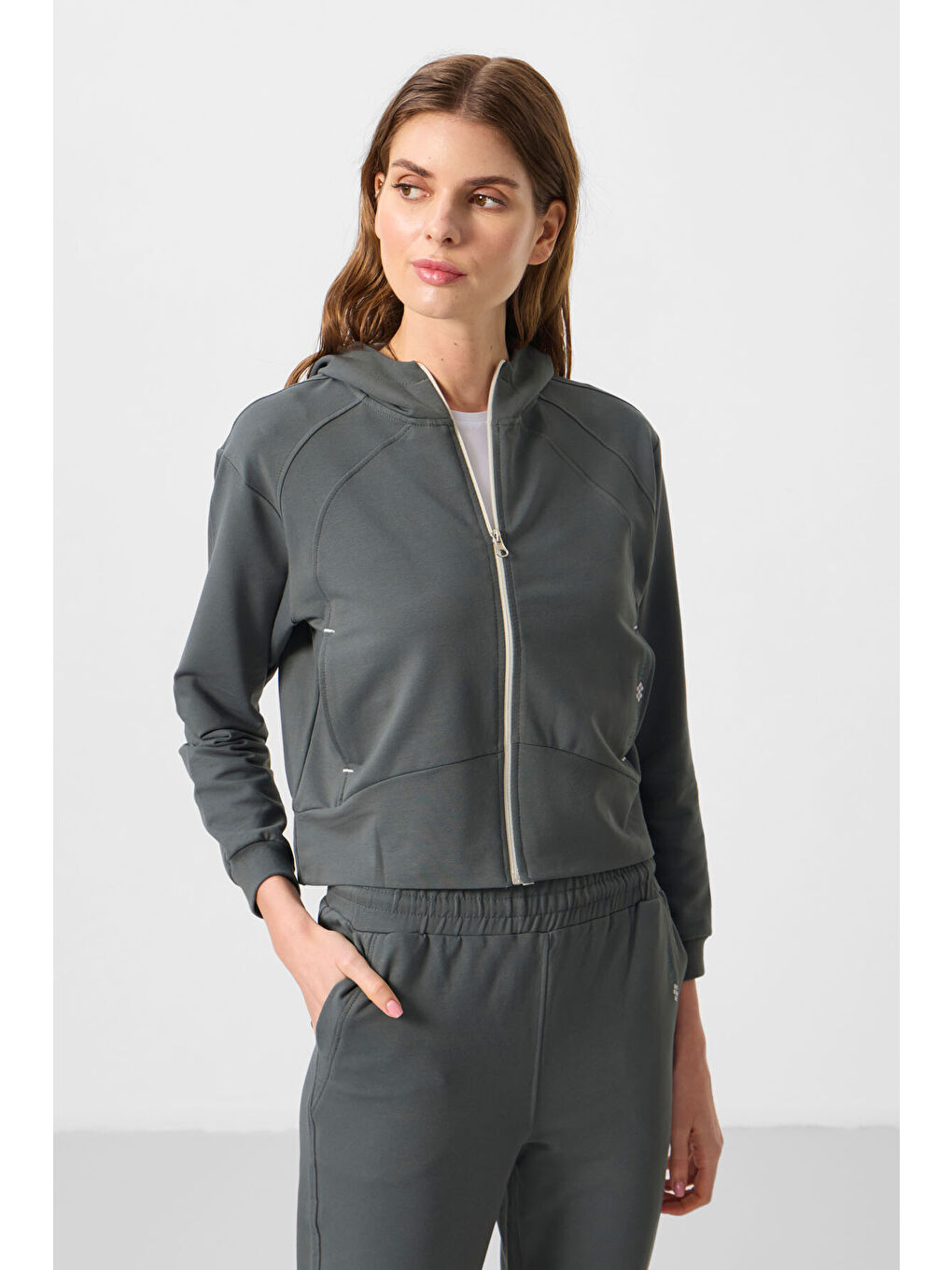 Haki Kapüşonlu Fermuarlı Oversize Kadın Eşofman Takım   95328-2