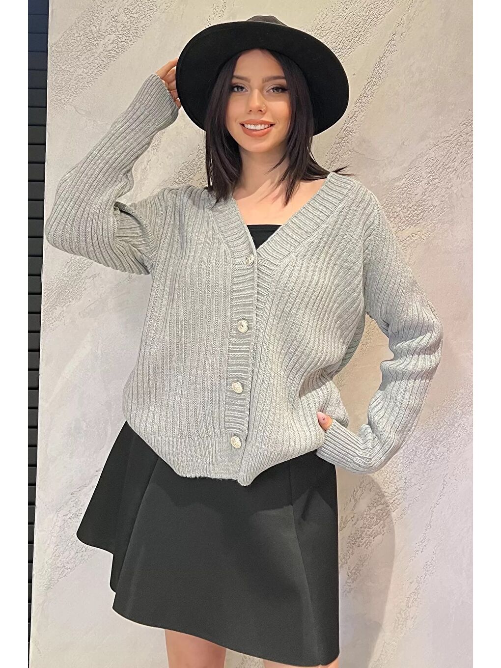 Gri Kadın Örme Triko Hırka-1