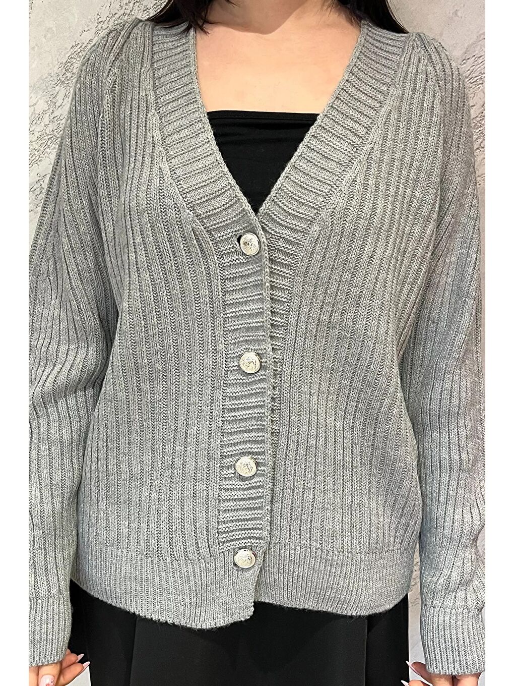 Gri Kadın Örme Triko Hırka-2