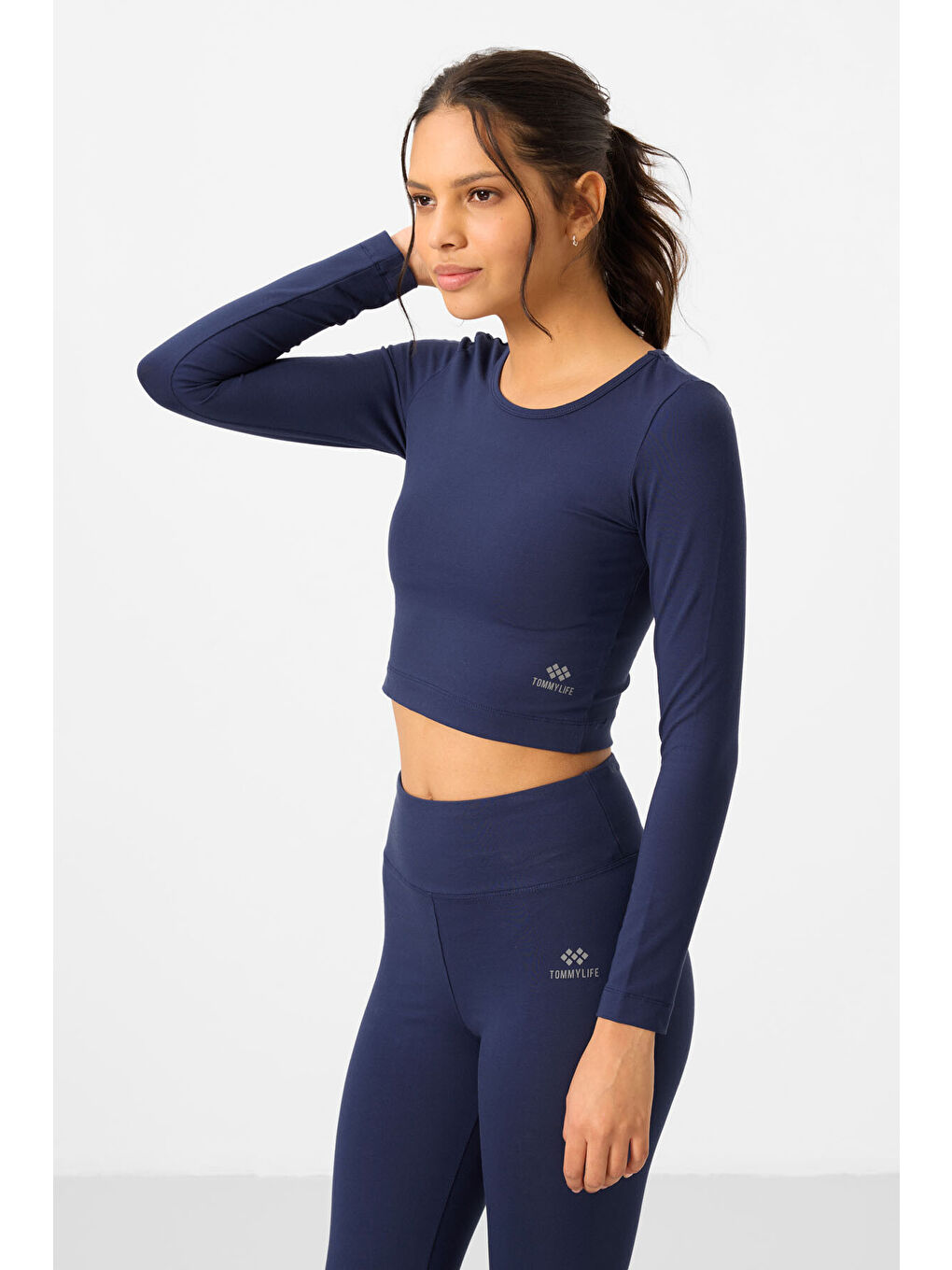 İndigo Yüksek Bel Uzun Kollu Slim Fit Crop Top Kadın Tayt Takım - 95286-4