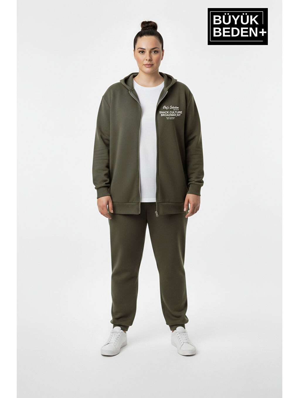 Haki Kadın Büyük Beden Fermuarlı Kapüşonlu Chef Baskılı Sweatshirt Hırka - Rahat Kalıp SPR26BHRK921