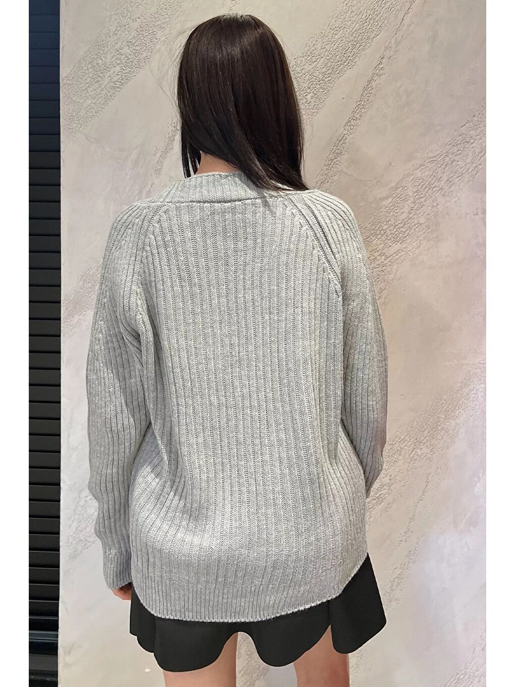 Gri Kadın Örme Triko Hırka-3