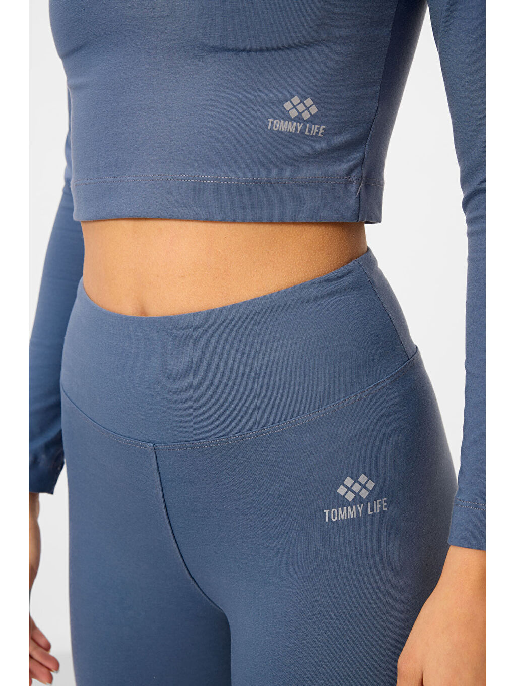 Petrol Yüksek Bel Uzun Kollu Slim Fit Crop Top Kadın Tayt Takım - 95286-1