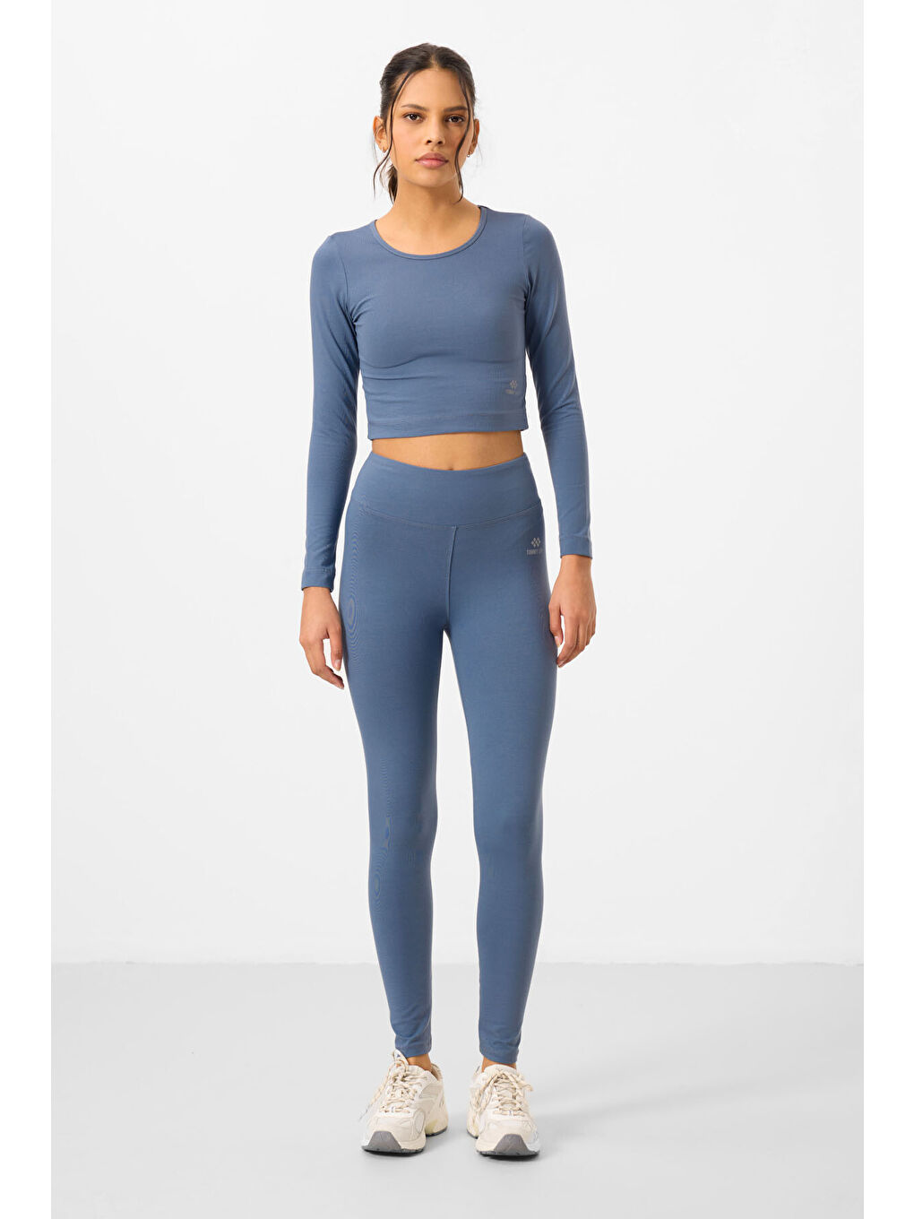 Petrol Yüksek Bel Uzun Kollu Slim Fit Crop Top Kadın Tayt Takım - 95286-2