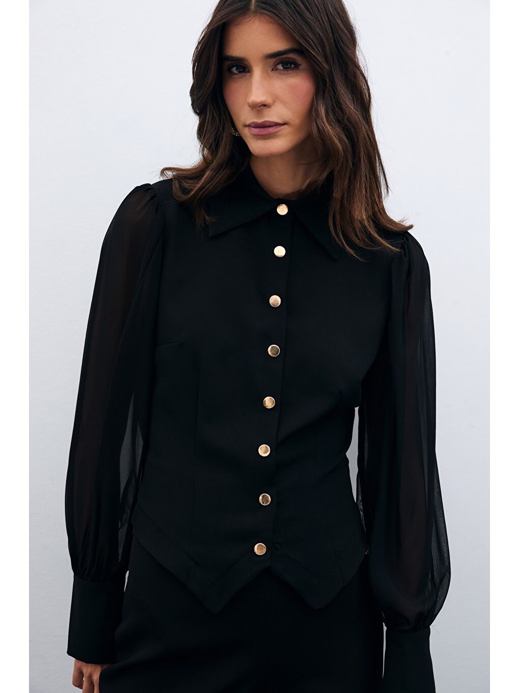 Şifon Kol Gömlek - Siyah-1