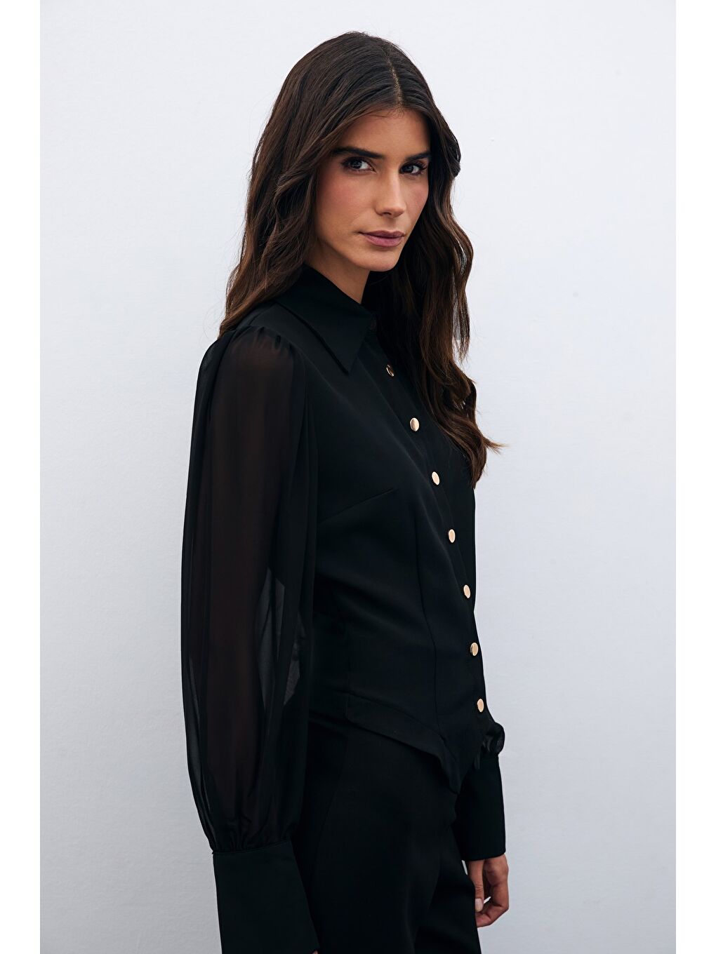 Şifon Kol Gömlek - Siyah-2