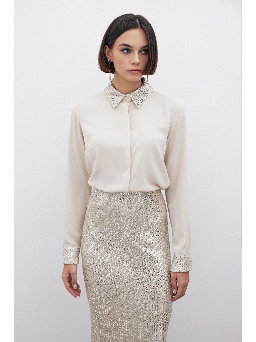 Payet Detaylı Klasik Gömlek - Bej-1