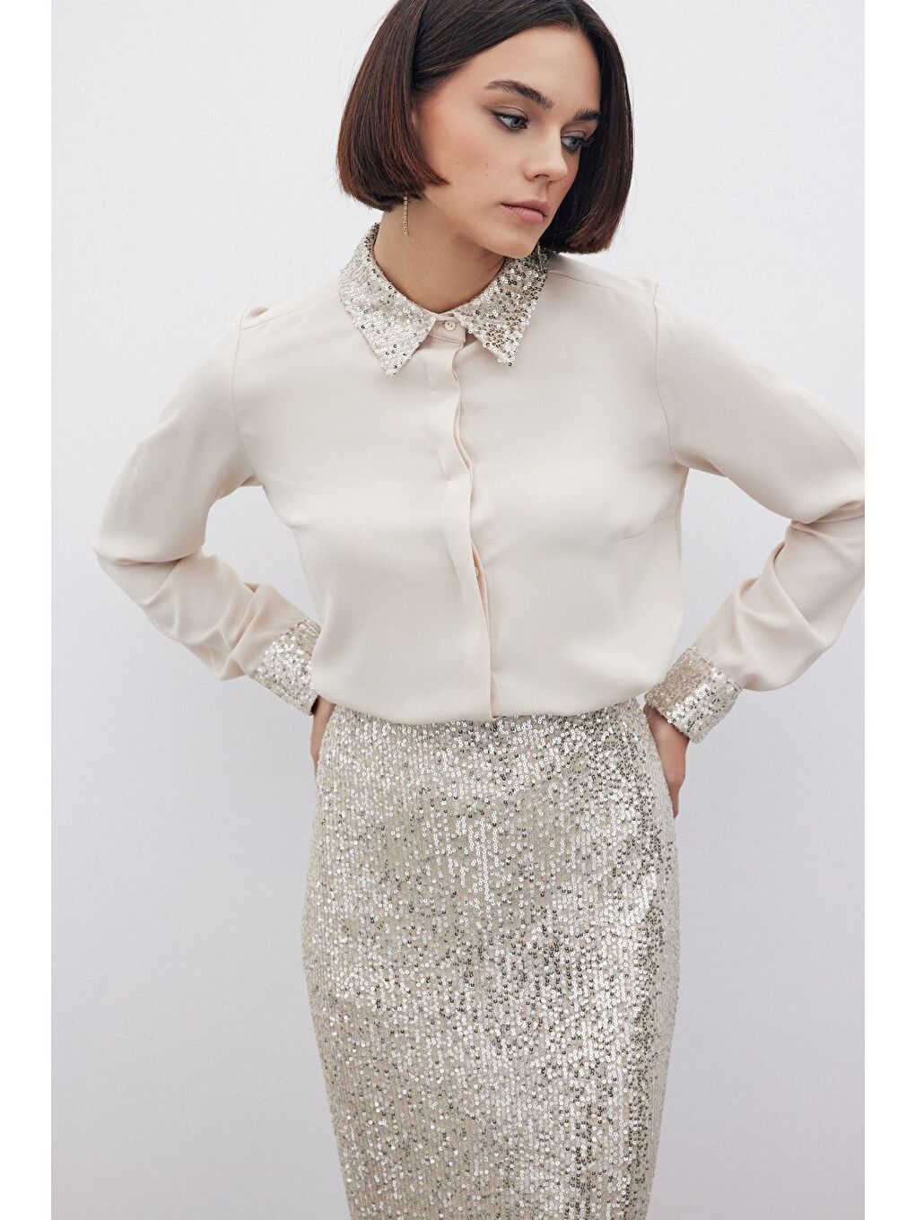 Payet Detaylı Klasik Gömlek - Bej-3