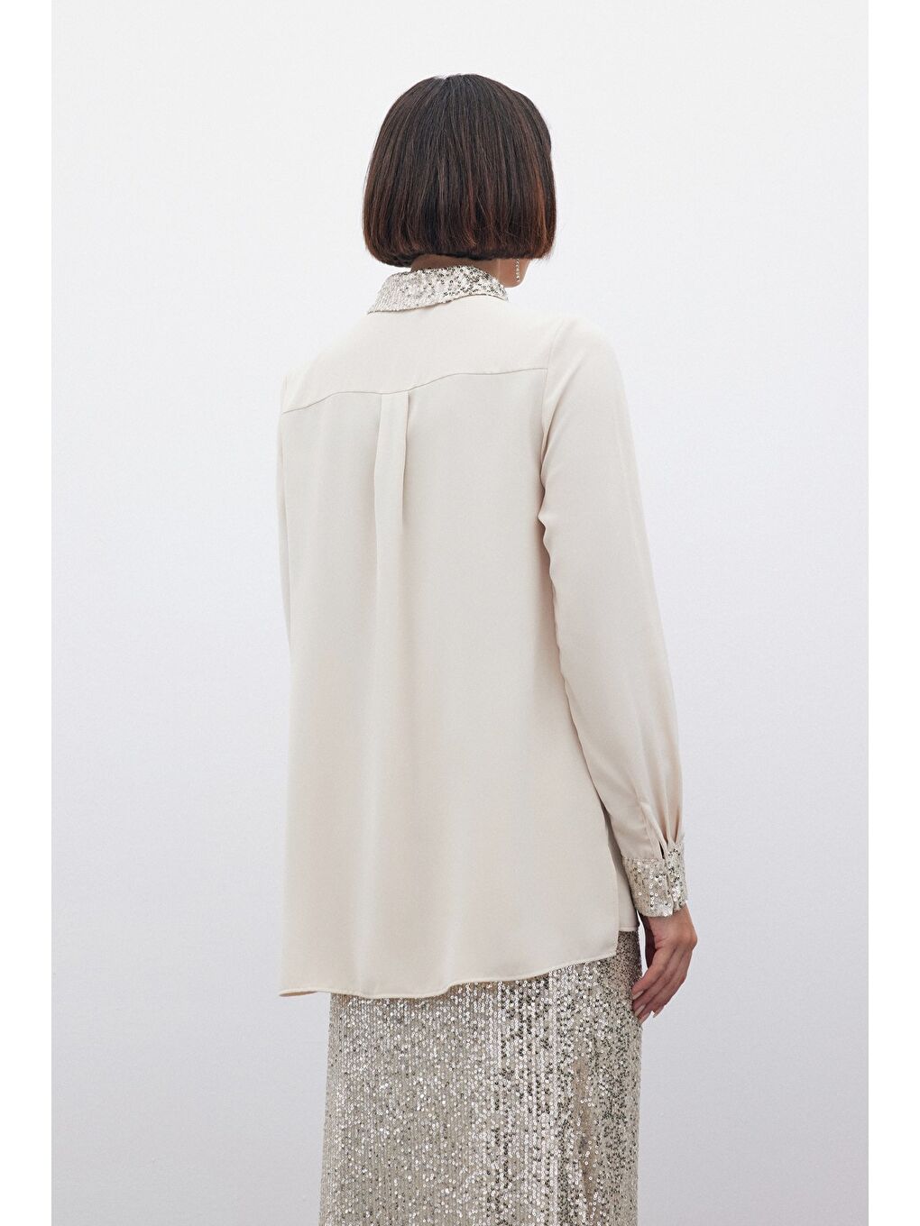 Payet Detaylı Klasik Gömlek - Bej-7