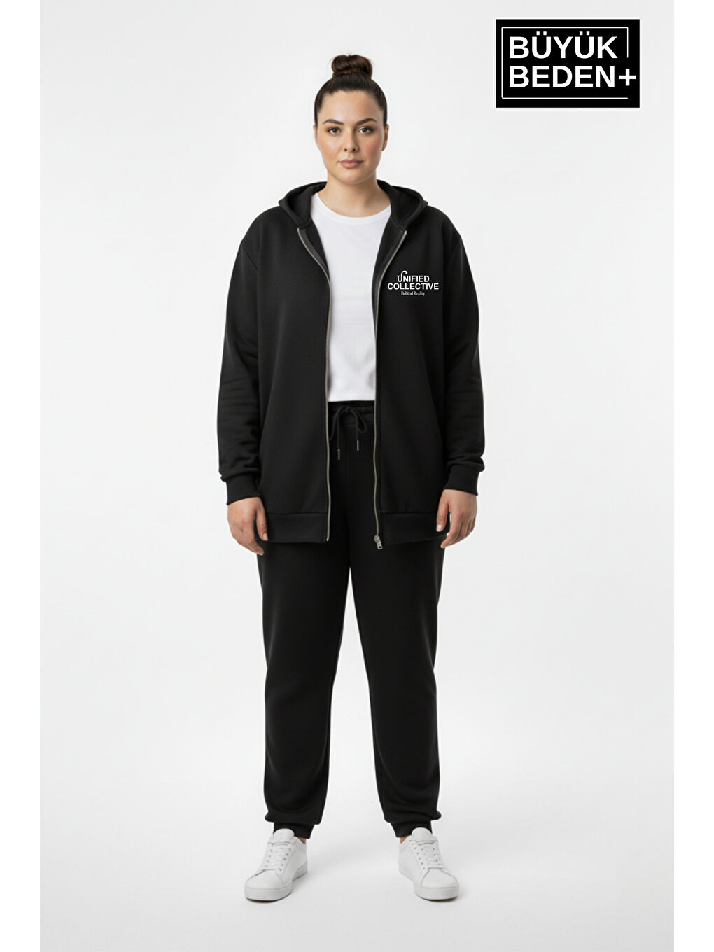 Siyah Kadın Büyük Beden Fermuarlı Kapüşonlu Unified Baskılı Sweatshirt Hırka SPR26BHRK924