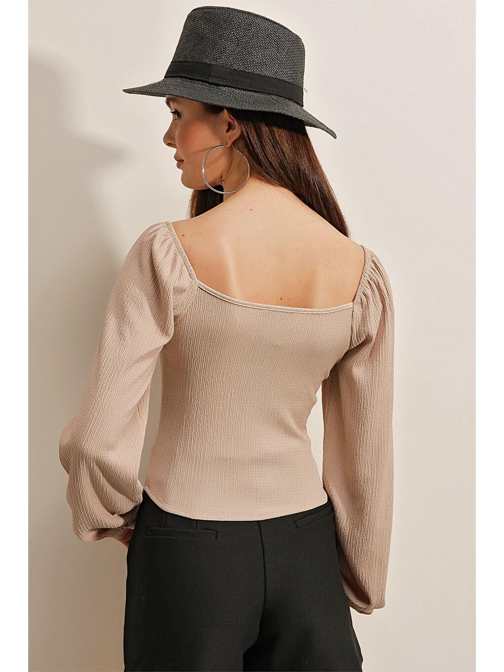 Bej 0465 Balon Kollu Örme Bluz - Bisküvi-3