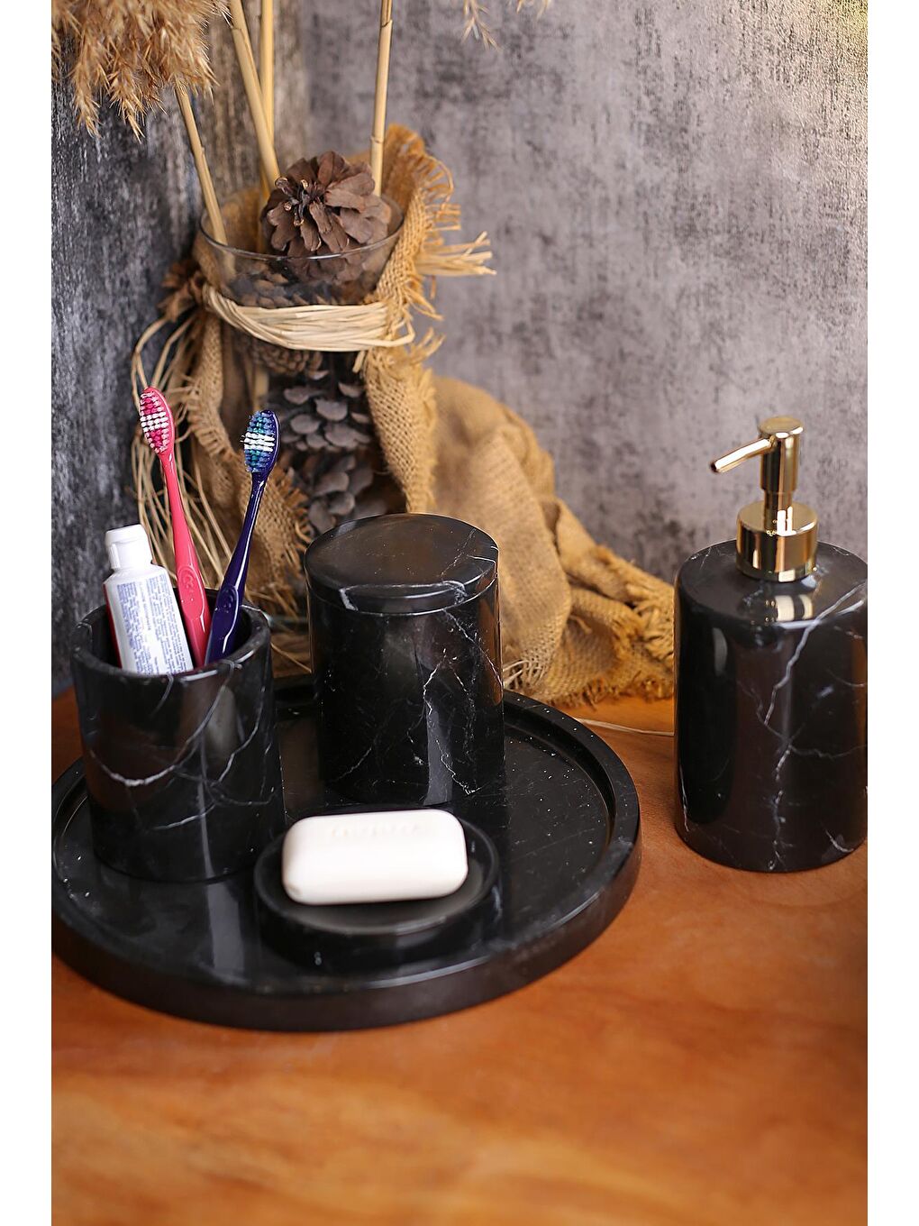 Siyah Mermer Banyo Seti 5’Li, Doğaltaş Mermer Banyo Aksesuar Seti