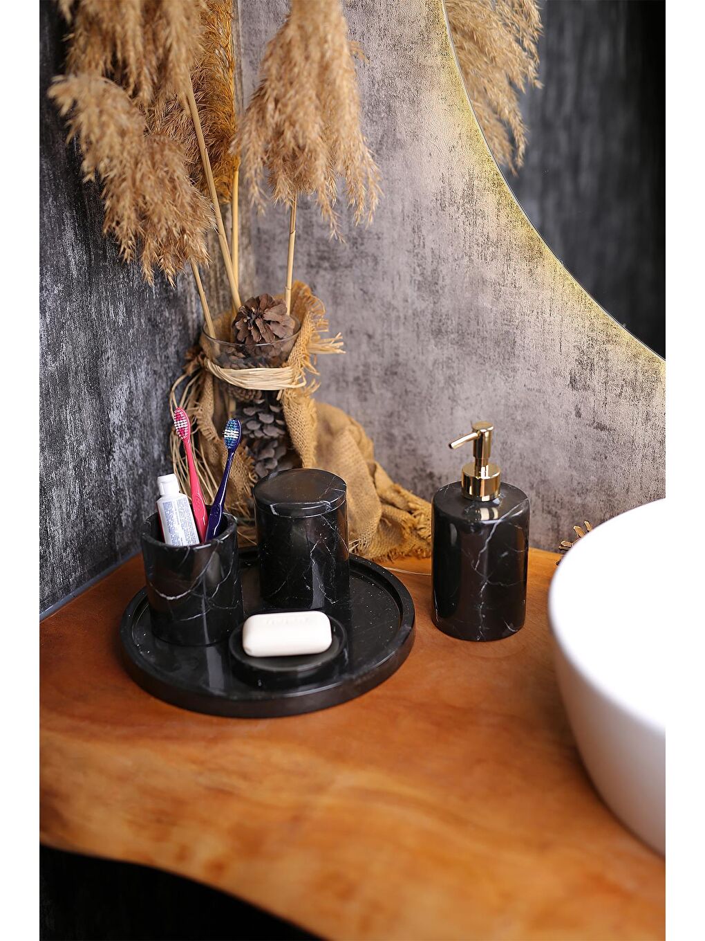 Siyah Mermer Banyo Seti 5’Li, Doğaltaş Mermer Banyo Aksesuar Seti-1