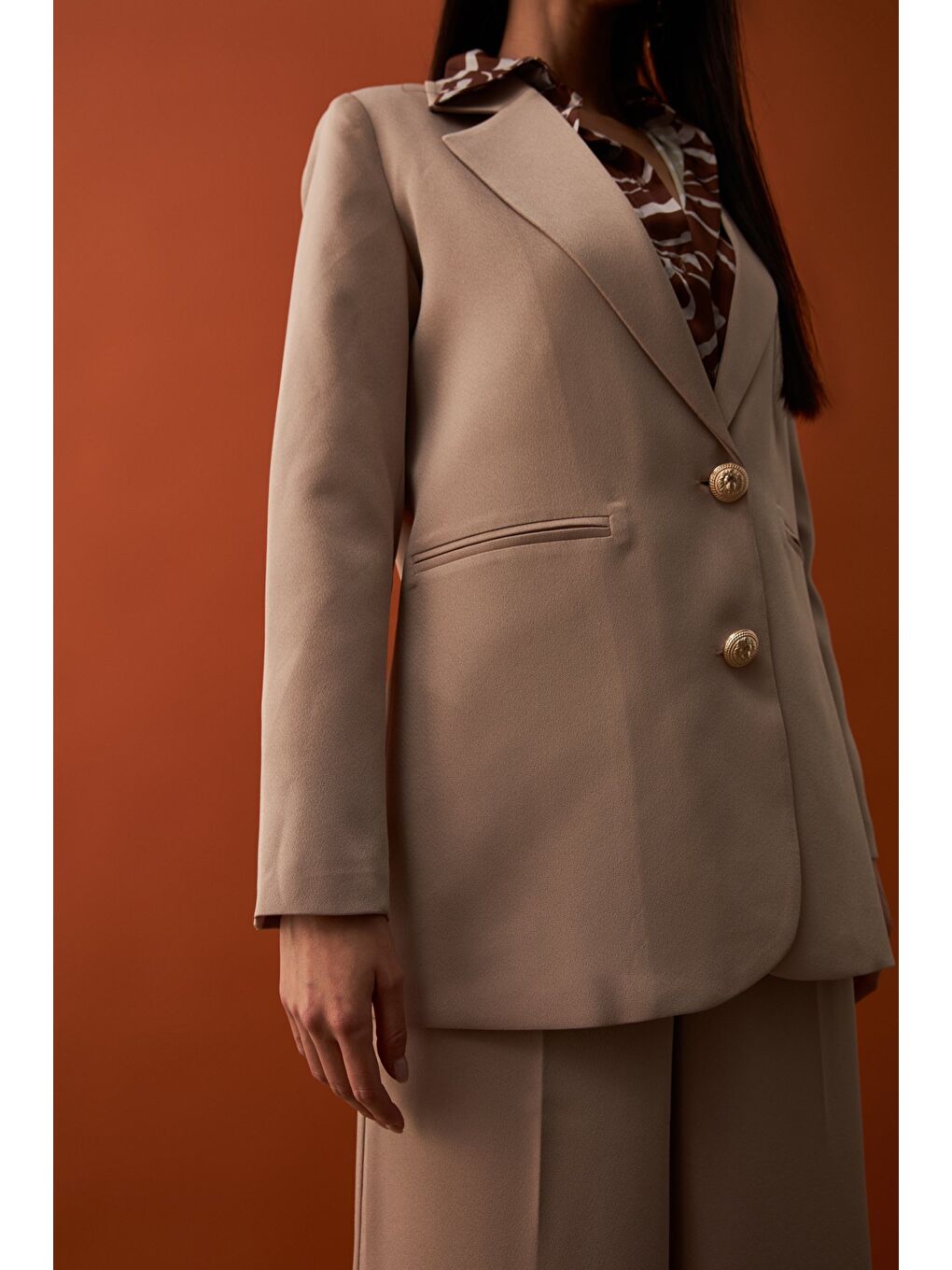 Saten Krep Ceket - Bej-3