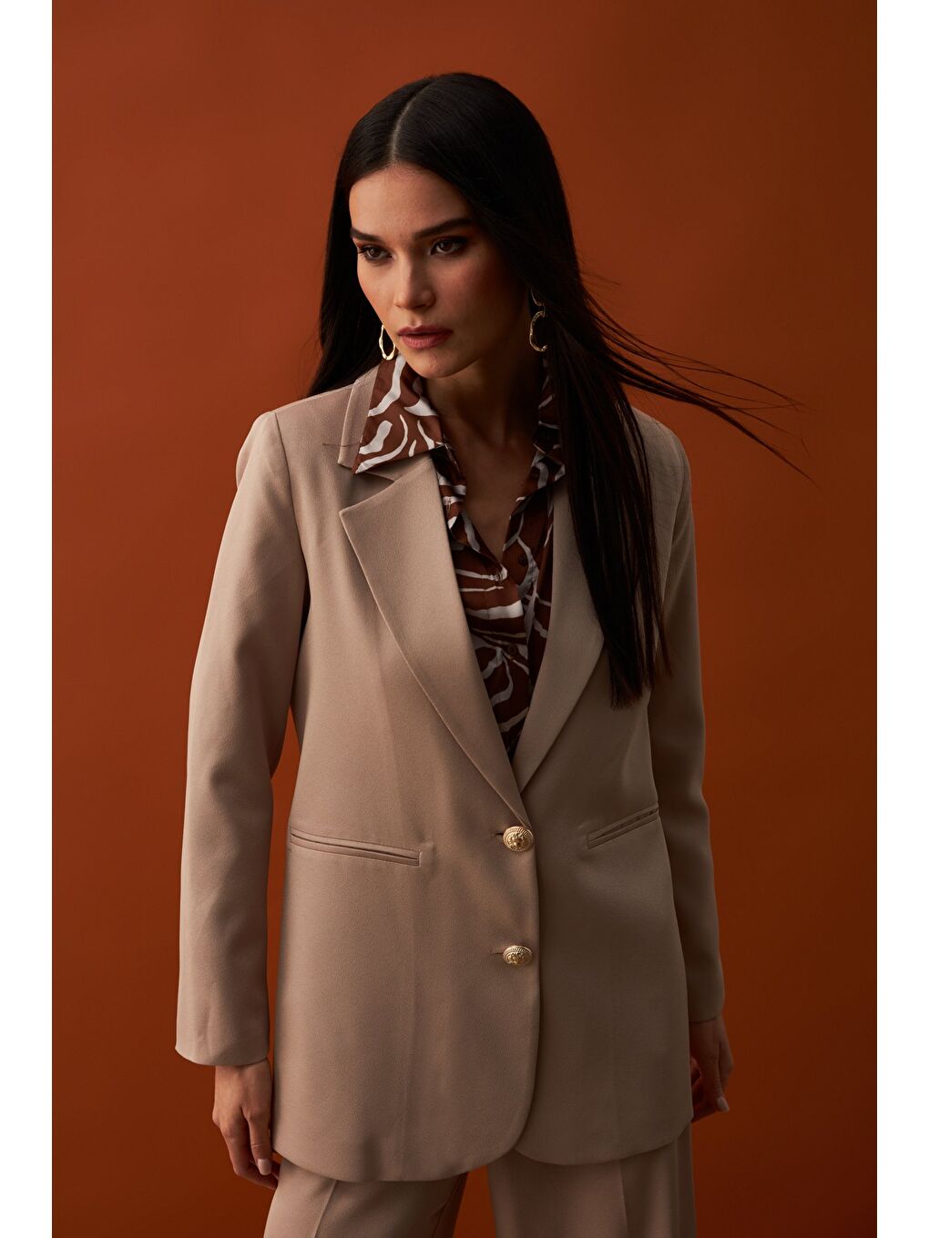 Saten Krep Ceket - Bej-6