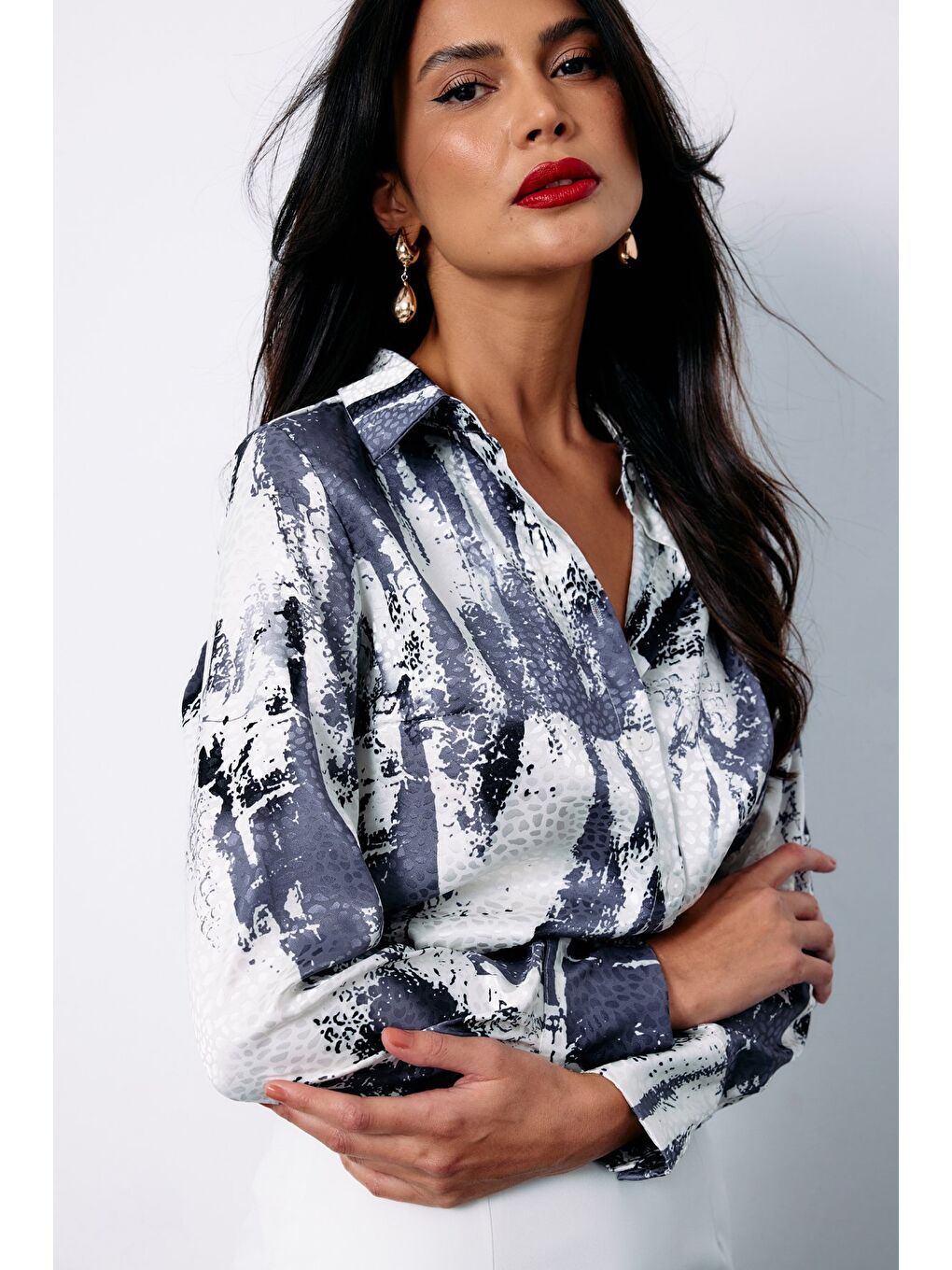 SATEEN Desenli Salaş Gömlek - Siyah - 4