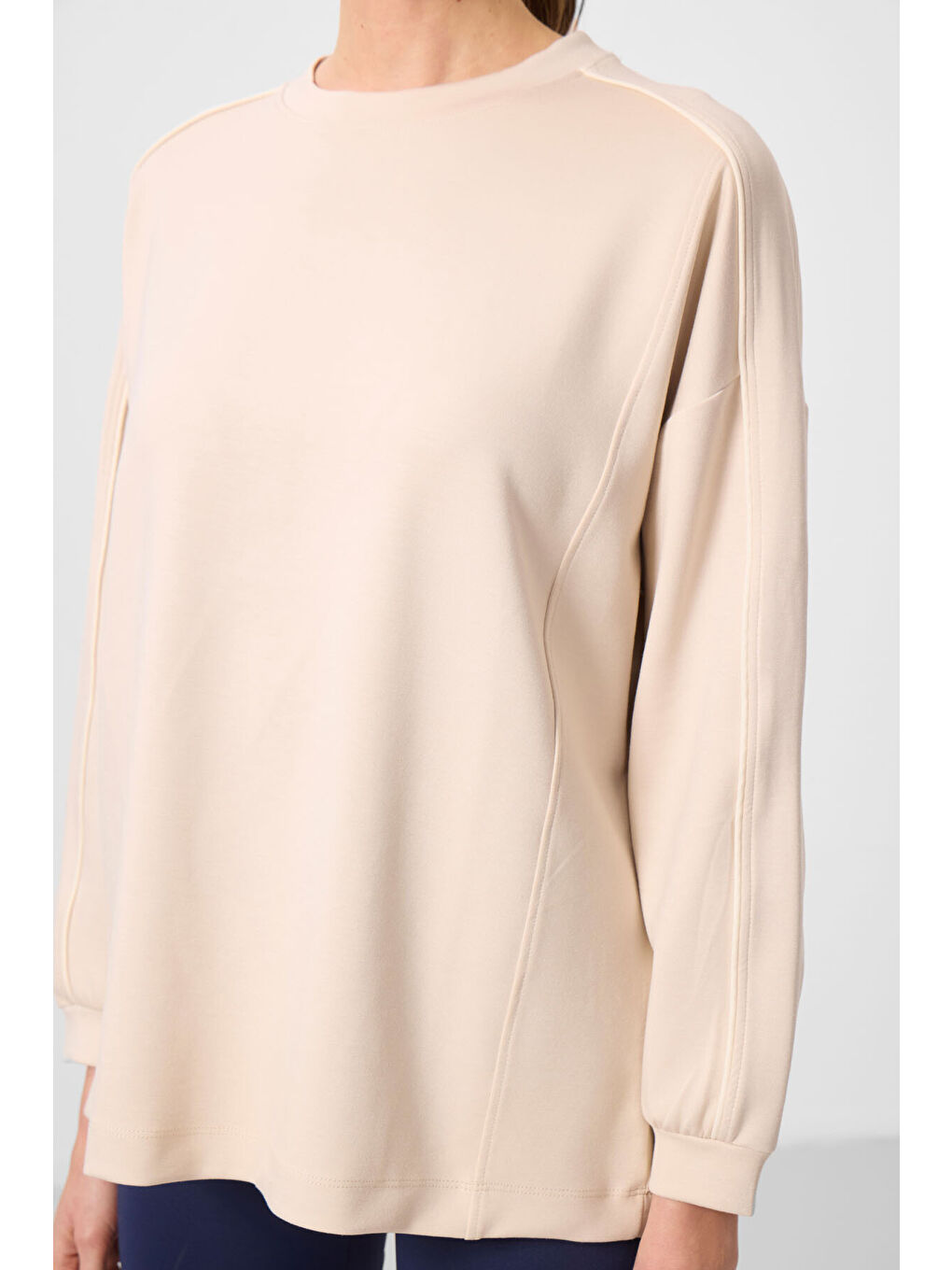 Bej Yumuşak Dokulu O Yaka Oversize Kadın Tunik Sweatshirt - 97303-4