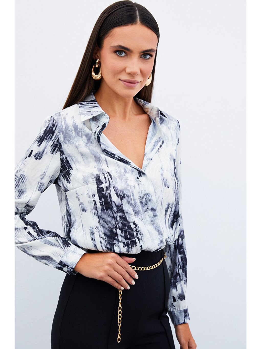 Desenli Düz Gömlek - Siyah-4