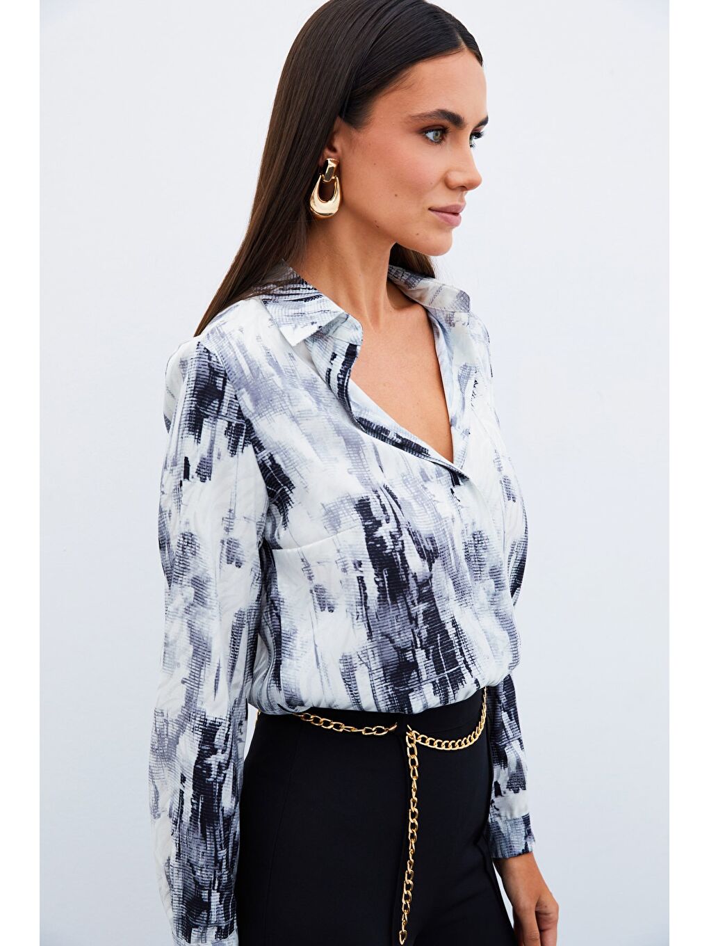 Desenli Düz Gömlek - Siyah-5