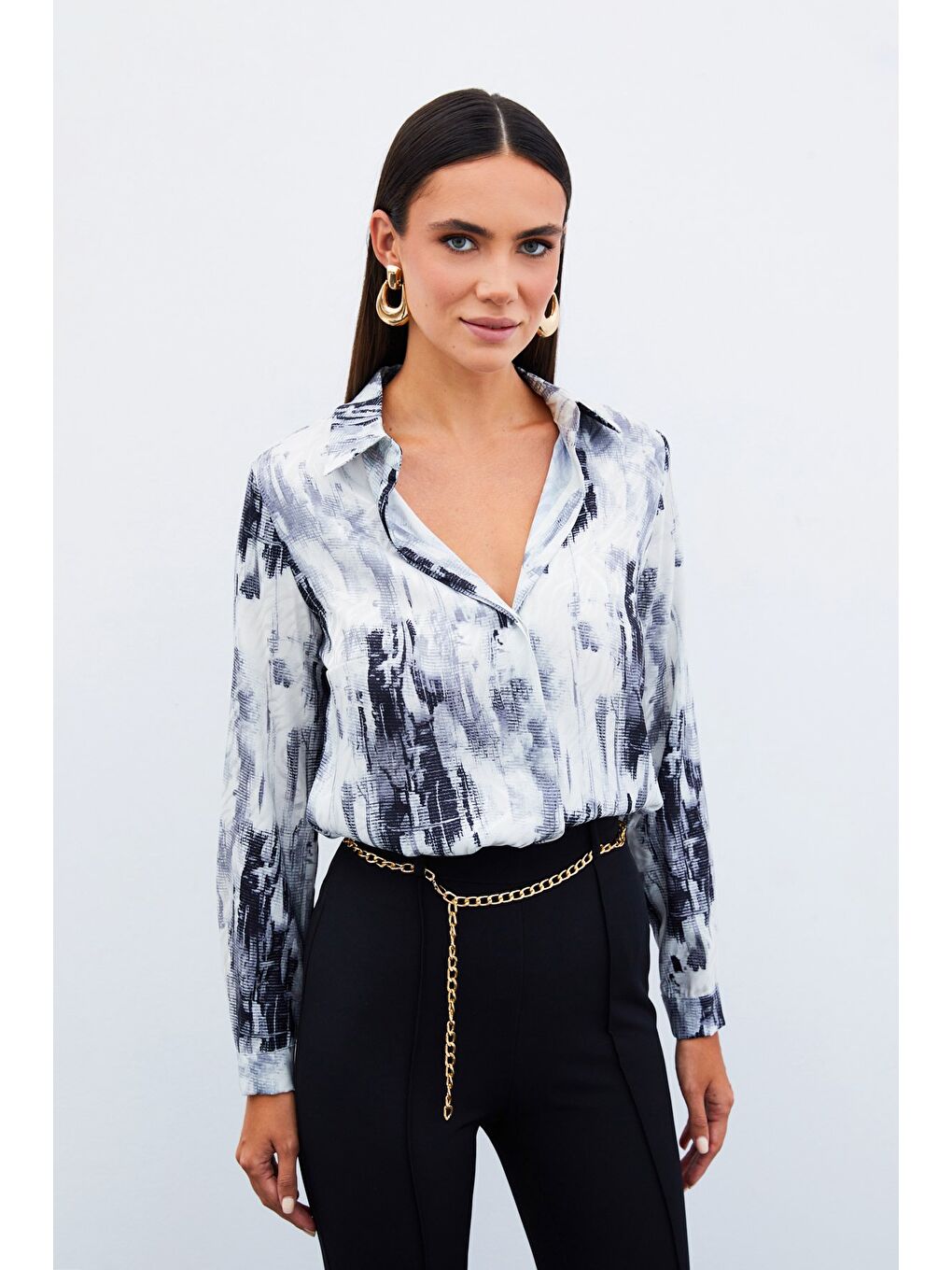 Desenli Düz Gömlek - Siyah-6