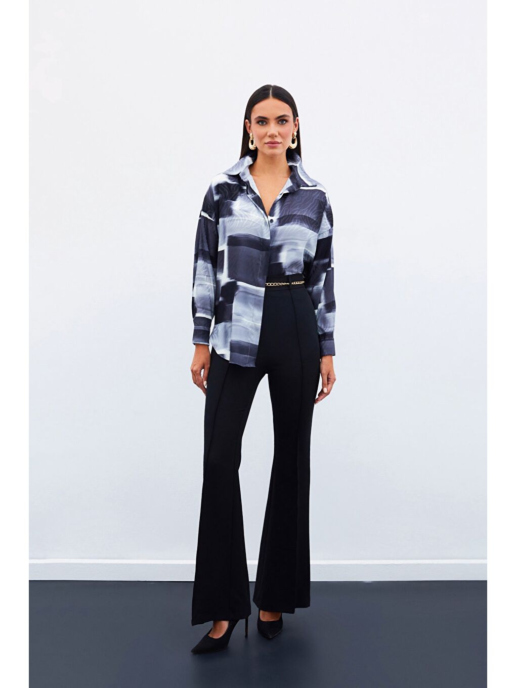 Desenli Uzun Gömlek - Siyah-1