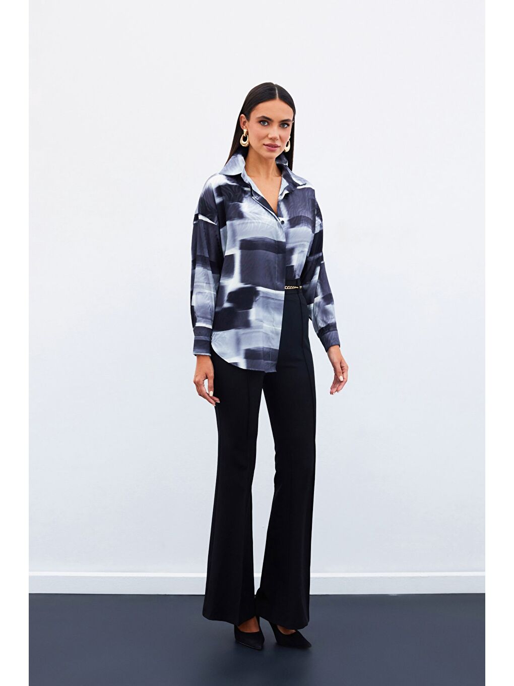 Desenli Uzun Gömlek - Siyah-2