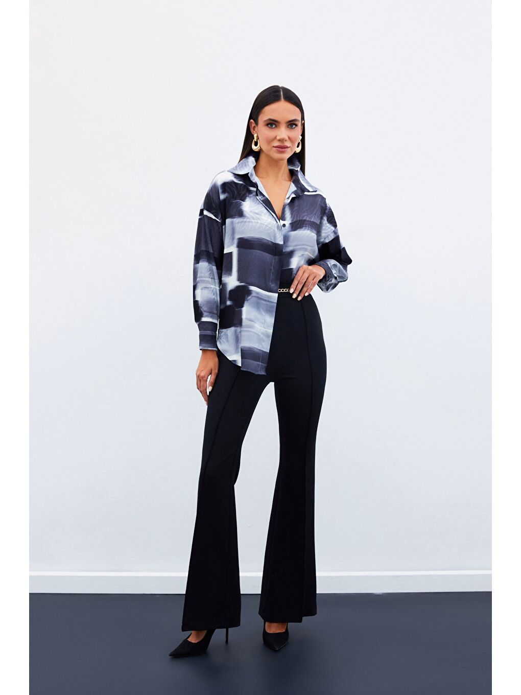 Desenli Uzun Gömlek - Siyah-3