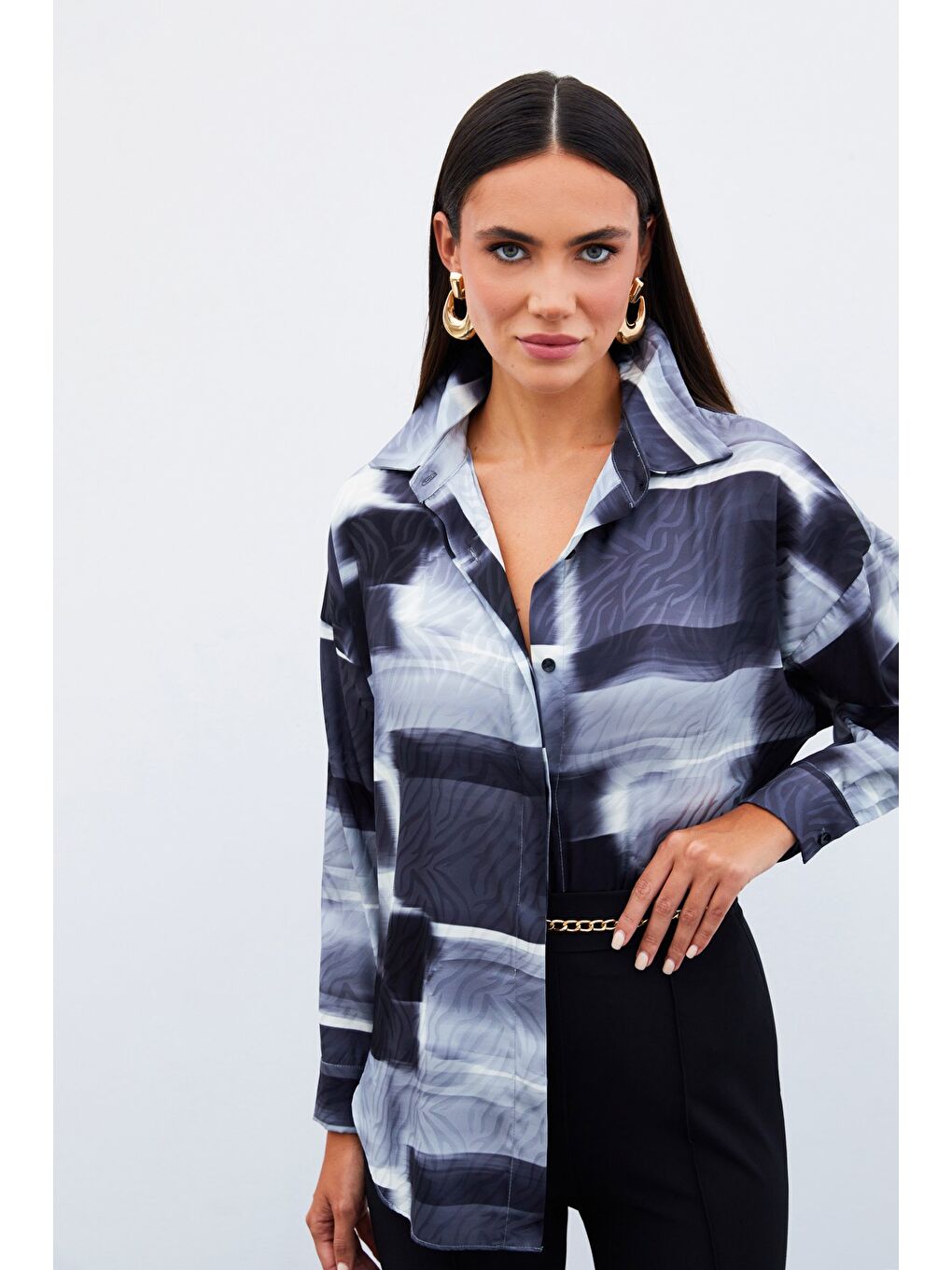 Desenli Uzun Gömlek - Siyah-4