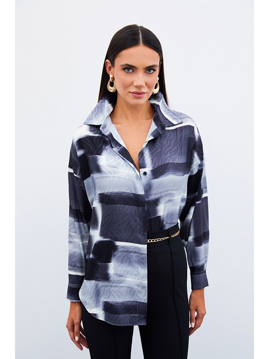 Desenli Uzun Gömlek - Siyah-5