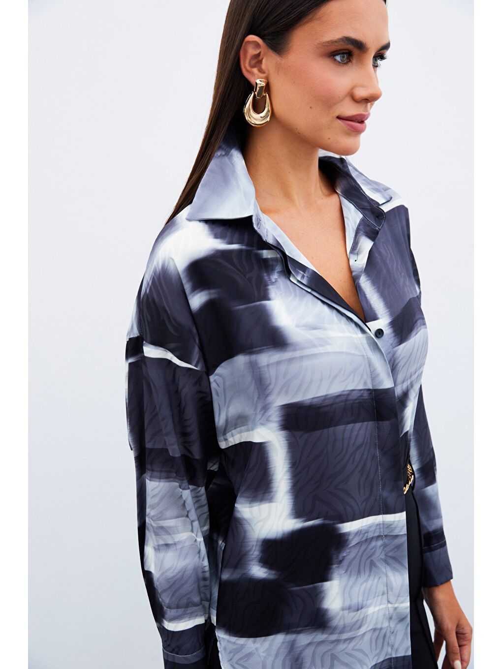 Desenli Uzun Gömlek - Siyah-6