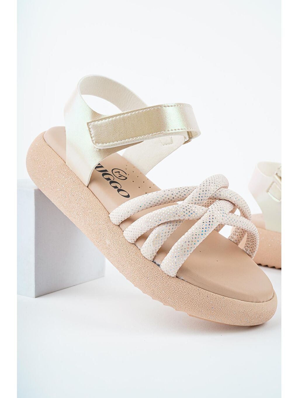 Bej JAZZ Günlük Ortopedik Hafif Taban Örgü Detaylı Cırtlı Kız Çocuk Sandalet-2