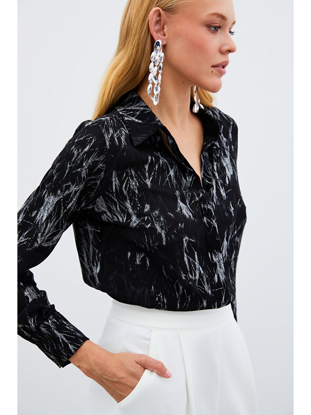 Parlak Desenli Gömlek - Siyah-Gümüş-1