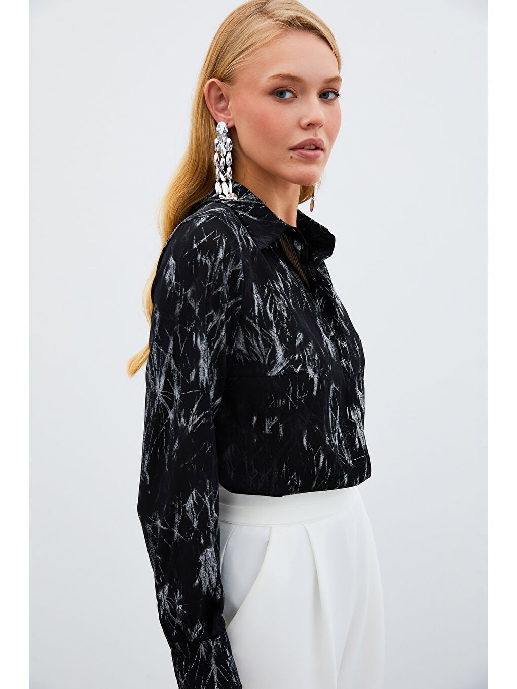 Parlak Desenli Gömlek - Siyah-Gümüş-2