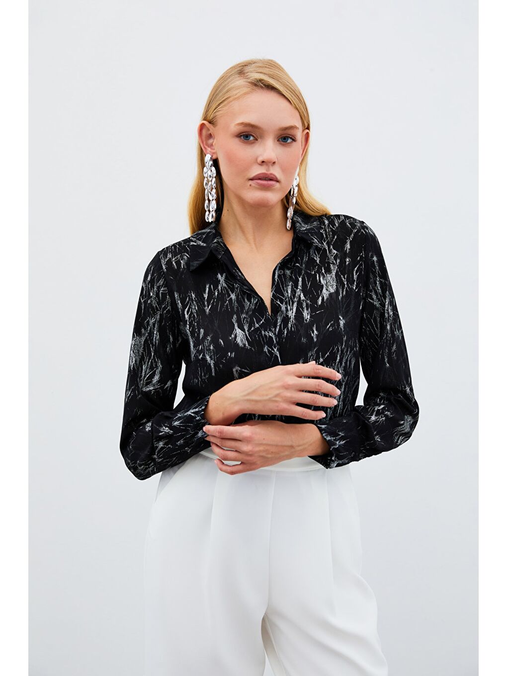 Parlak Desenli Gömlek - Siyah-Gümüş-3