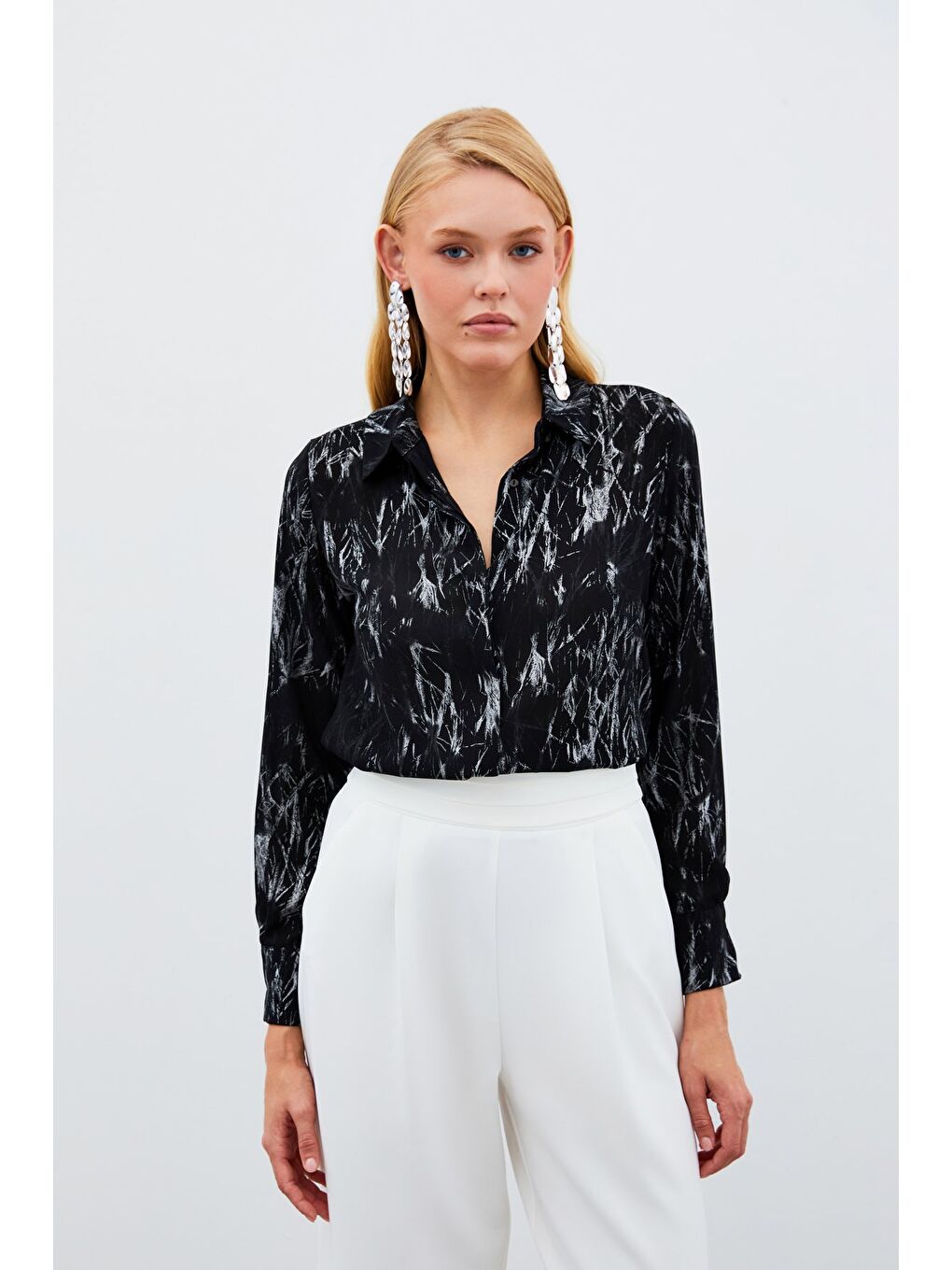 Parlak Desenli Gömlek - Siyah-Gümüş-4