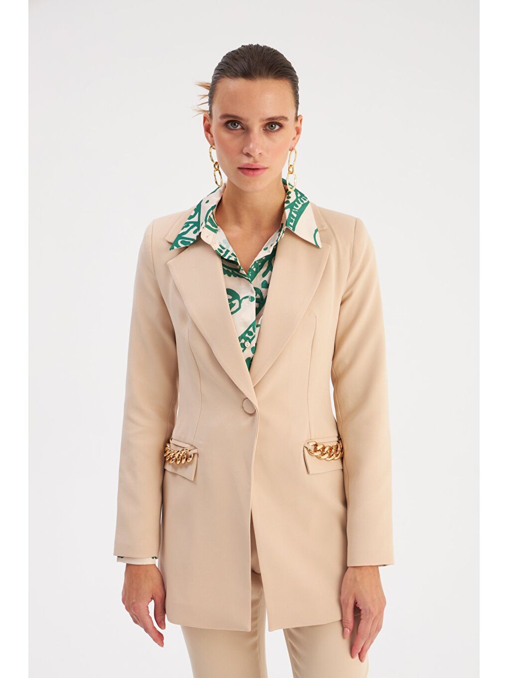 Zincir Detaylı Uzun Ceket - Bej-2