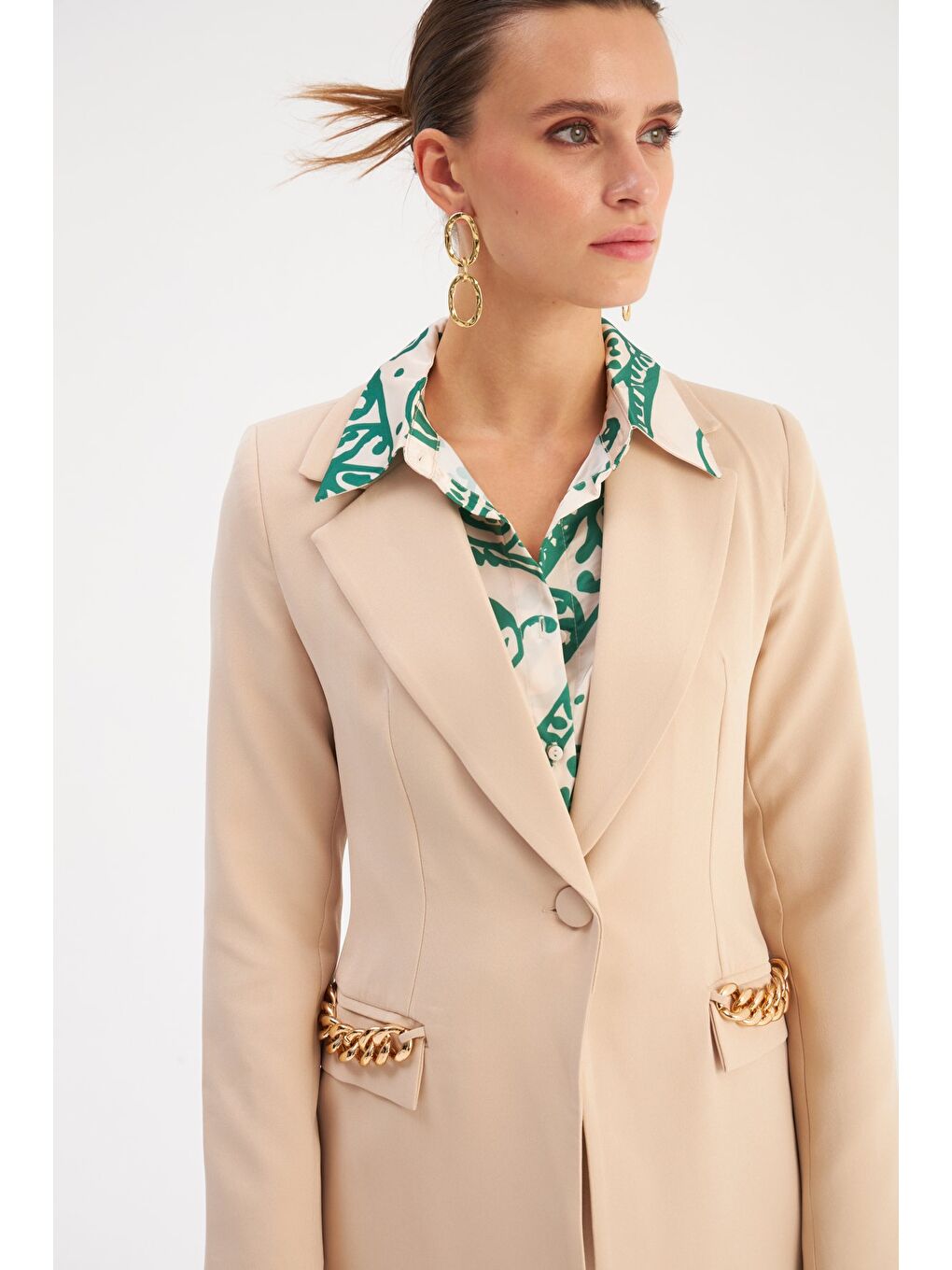 Zincir Detaylı Uzun Ceket - Bej-3