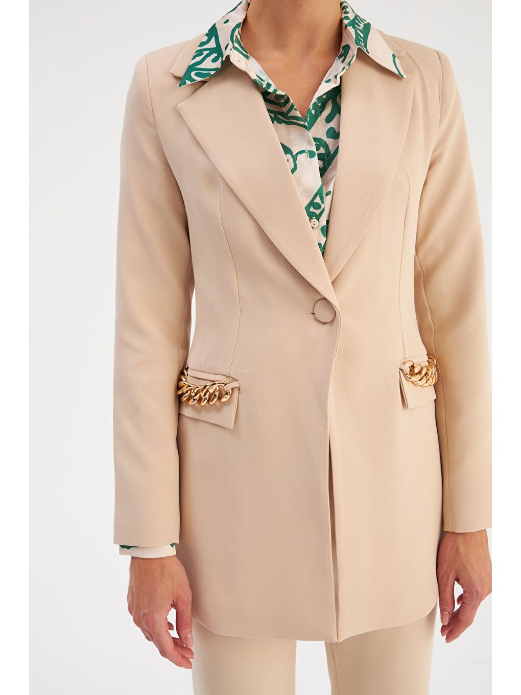 Zincir Detaylı Uzun Ceket - Bej-4