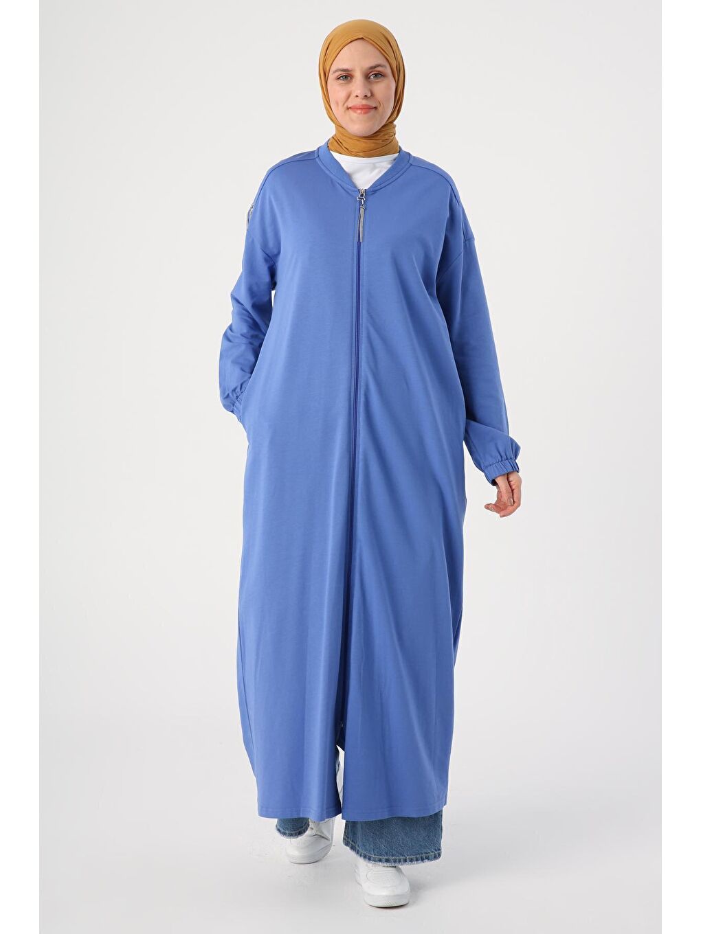 Mavi Parlement Pamuklu Bisiklet Yaka Fermuarlı Zincir Detaylı Ferace-1